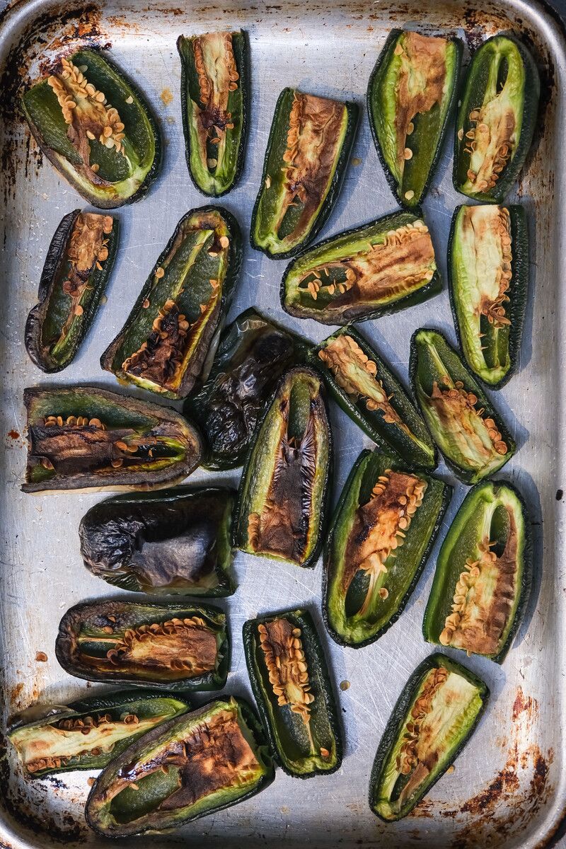 A tray of roasted jalapeños